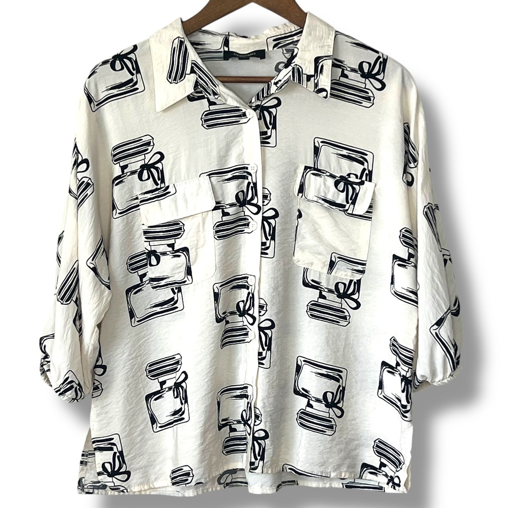 COCOMO XL Perfume Bottle Novelty Cream Button Up Shirt Blouse 3/4 Sleeve Quirky